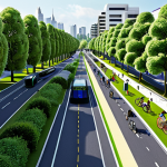 **Image Prompt:** "Futuristic cityscape showcasing interconnected green infrastructure: bike lanes winding through parks, electric buses on dedicated lanes, solar panels on rooftops, and accessible public spaces filled with diverse people. Emphasize sustainability and accessibility."