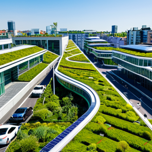 Home 14 A vibrant aerial view of a futuristic, sustainable city district, showcasing modern architecture with integrated solar panels on rooftops and facades. Lush green roofs and living walls adorn buildings, complemented by pedestrian-friendly pathways and clean electric public transport. The scene exudes an atmosphere of innovation and environmental harmony under a clear blue sky with bright daylight. Professional architectural photography, high detail, natural light, safe for work, appropriate content, fully clothed, professional, perfect anatomy, correct proportions, natural body proportions.