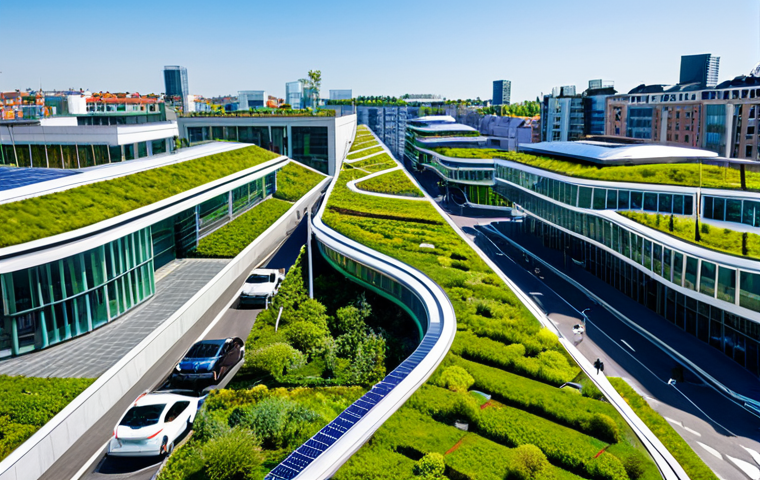 A vibrant aerial view of a futuristic, sustainable city district, showcasing modern architecture with integrated solar panels on rooftops and facades. Lush green roofs and living walls adorn buildings, complemented by pedestrian-friendly pathways and clean electric public transport. The scene exudes an atmosphere of innovation and environmental harmony under a clear blue sky with bright daylight. Professional architectural photography, high detail, natural light, safe for work, appropriate content, fully clothed, professional, perfect anatomy, correct proportions, natural body proportions.