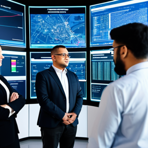 Home 7 A group of diverse professional urban planners and data analysts in modest business attire, gathered in a sophisticated smart city control center. They are observing large, transparent digital screens displaying real-time urban data, such as optimized traffic flows and public service efficiency metrics. The background features a blurred modern cityscape with subtle indications of AI-managed infrastructure and IoT sensors. The scene is illuminated with bright, professional studio lighting, emphasizing clean design and technological advancement. Safe for work, appropriate content, fully clothed, professional, perfect anatomy, correct proportions, natural pose, well-formed hands, proper finger count, natural body proportions, high quality, detailed, realistic.