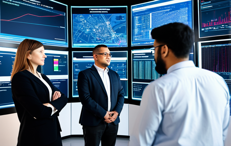 A group of diverse professional urban planners and data analysts in modest business attire, gathered in a sophisticated smart city control center. They are observing large, transparent digital screens displaying real-time urban data, such as optimized traffic flows and public service efficiency metrics. The background features a blurred modern cityscape with subtle indications of AI-managed infrastructure and IoT sensors. The scene is illuminated with bright, professional studio lighting, emphasizing clean design and technological advancement. Safe for work, appropriate content, fully clothed, professional, perfect anatomy, correct proportions, natural pose, well-formed hands, proper finger count, natural body proportions, high quality, detailed, realistic.
