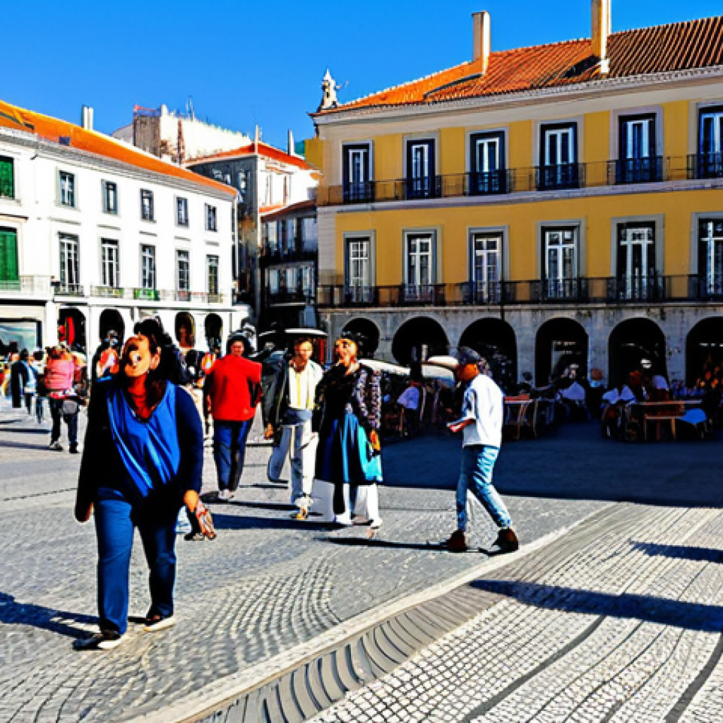 **
A vibrant public square in Lisbon, Portugal, filled with people of diverse ages and backgrounds, enjoying a sunny afternoon. Include traditional Portuguese architecture in the background, with families strolling, street performers entertaining, and outdoor cafes bustling with activity. Everyone is fully clothed in appropriate attire. safe for work, perfect anatomy, natural proportions, professional photography, high quality, appropriate content, modest, family-friendly.
**