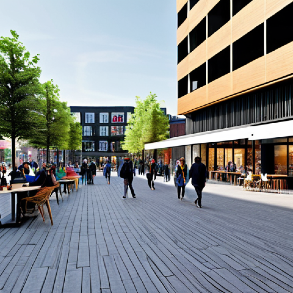 **
"A modern architectural design seamlessly integrated into a vibrant urban environment, featuring a public plaza with people enjoying the space, active building facades with shops and cafes, and sustainable building materials. Fully clothed people are seen interacting with the space. Safe for work, appropriate content, professional architecture, perfect anatomy, correct proportions, natural pose, modest clothing."
**