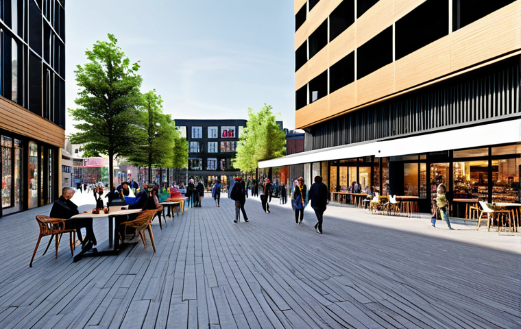 **

"A modern architectural design seamlessly integrated into a vibrant urban environment, featuring a public plaza with people enjoying the space, active building facades with shops and cafes, and sustainable building materials. Fully clothed people are seen interacting with the space. Safe for work, appropriate content, professional architecture, perfect anatomy, correct proportions, natural pose, modest clothing."

**