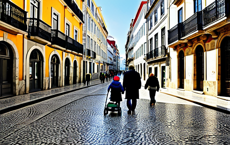 분 도시 설계에서의 공공교통 통합 전략 - **
"Lisbon cityscape featuring pedestrians on wide, accessible sidewalks made of traditional Portug...