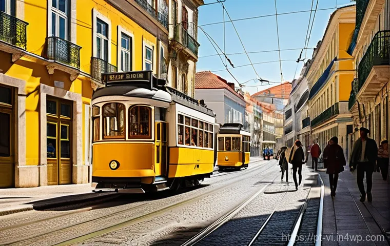 분 도시 설계의 대중교통 계획 방법 - **Prompt:** A vibrant and dynamic street scene in Lisbon, Portugal, featuring a classic yellow "eléc...