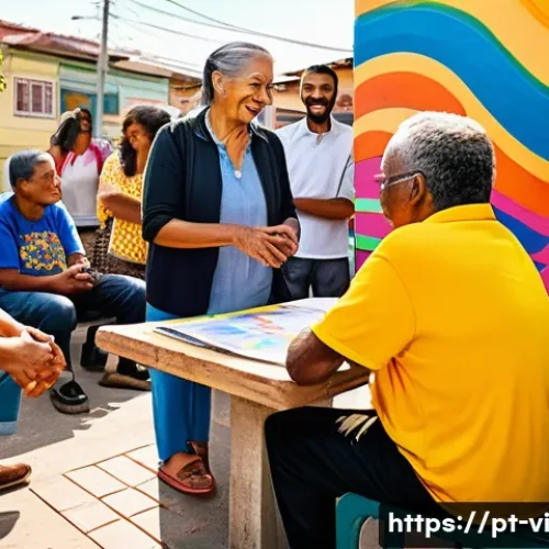 Home 13 분 도시 설계의 민주적 과정 - A vibrant community meeting in a Brazilian urban neighborhood, diverse residents including elderly, ...