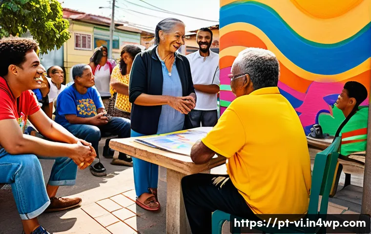 분 도시 설계의 민주적 과정 - A vibrant community meeting in a Brazilian urban neighborhood, diverse residents including elderly, ...