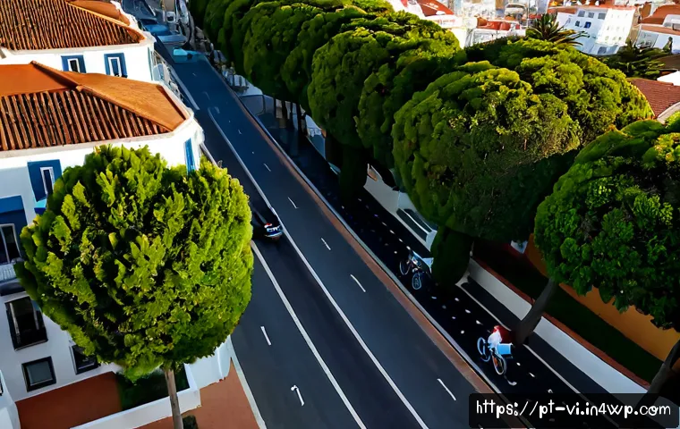 Home 17 도시 미관과 분 도시 설계의 관계 - Photorealistic elevated view of a well-designed Portuguese coastal city neighborhood, tree-lined ped...
